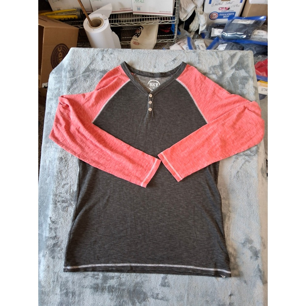 BKE Athletic Fit Henley Shirt Mens XL Grey Coral Pink Raglan Thermal Waffle Knit